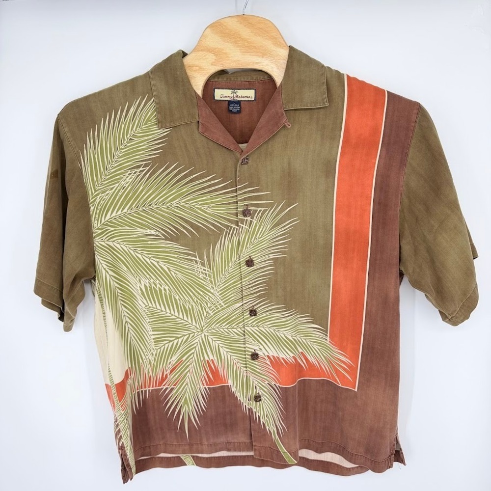 Tommy Bahama Silk AOP Palm Tree Camp Shirt Mens L Brown Orange Tropical Aloha